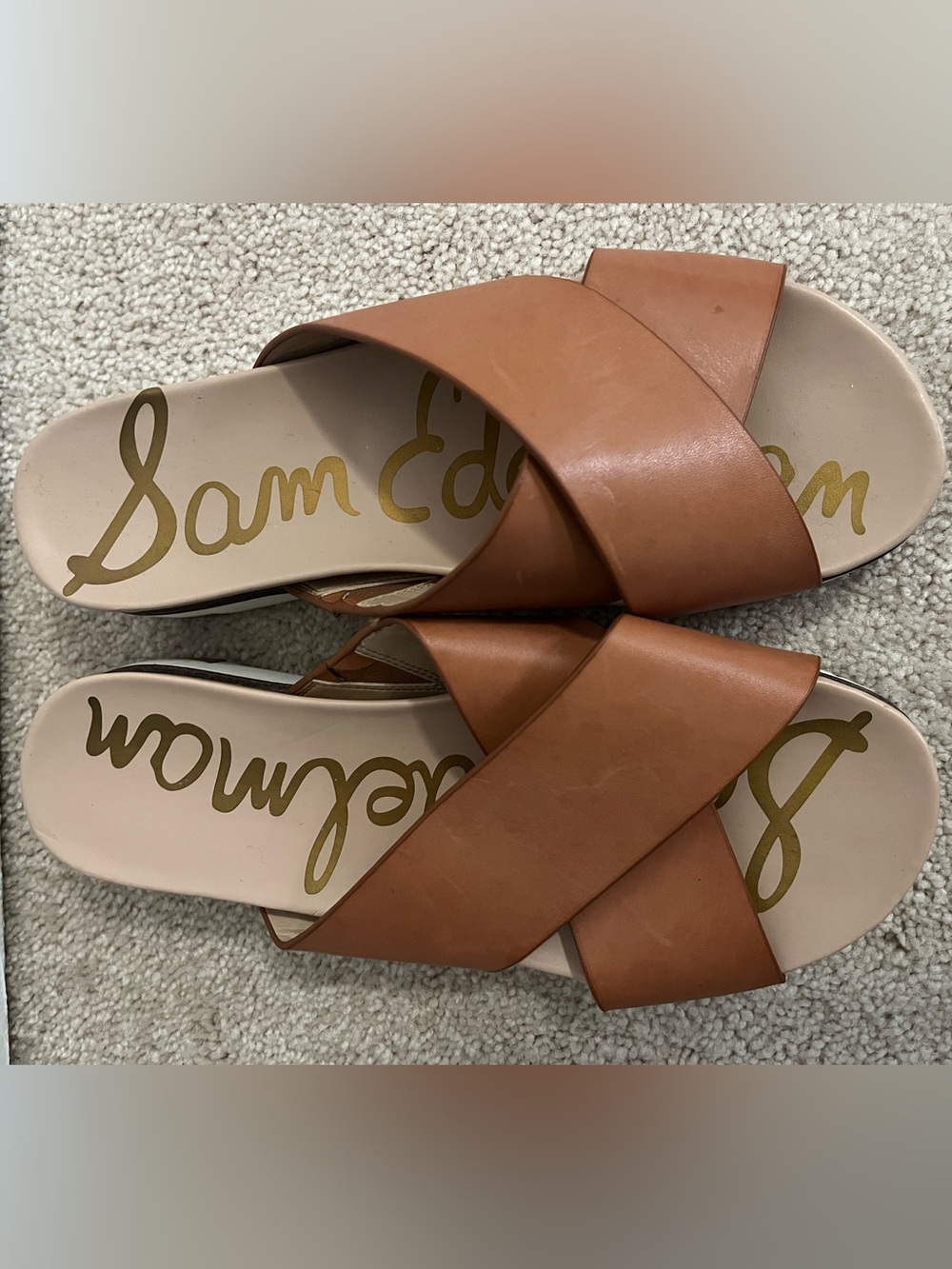 Sam Edelman Cognac Leather Crossband Slide Sandals